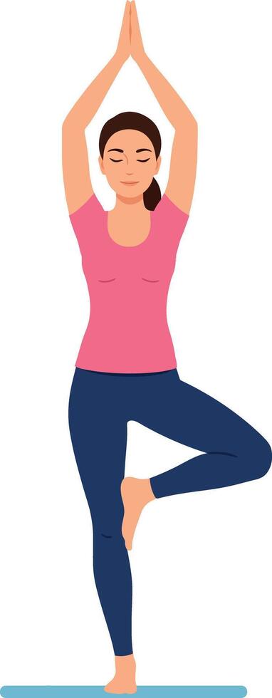 Woman practicing yoga tree pose in pink top and blue pants illustration vector