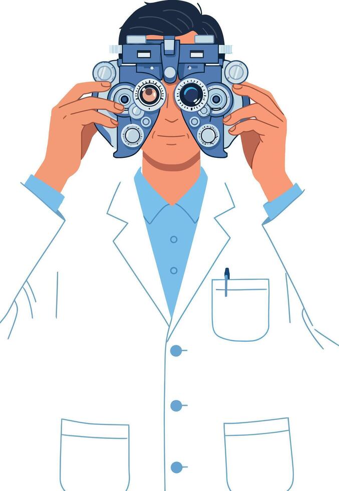 Optometrist Using Phoropter for Eye Examination in White Coat Illustration vector