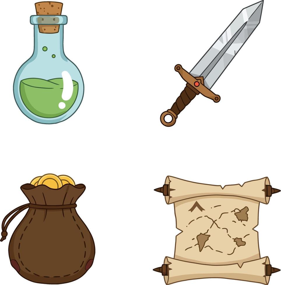 Alchemy potion sword treasure map bag of coins fantasy adventure illustration set vector