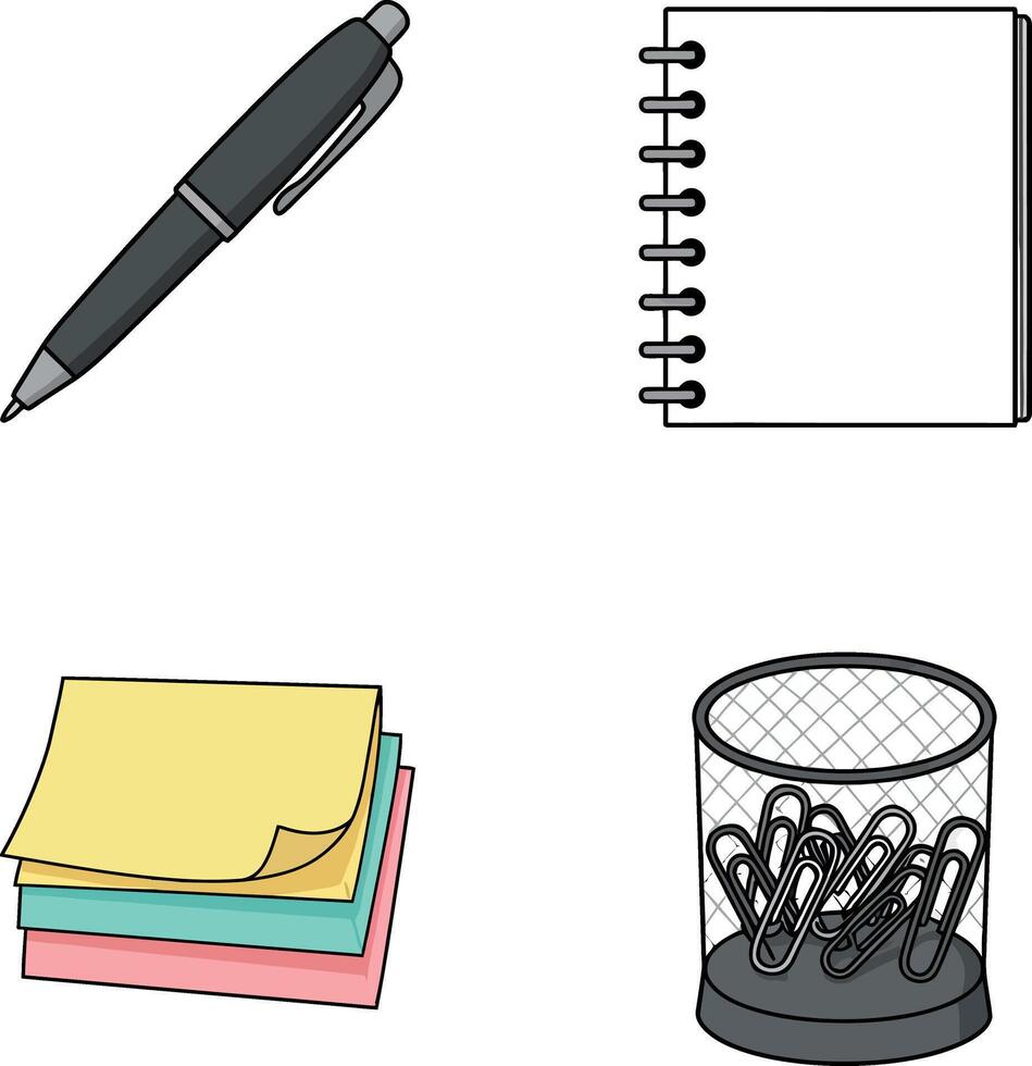 Office stationery set with pen notebook sticky notes and paper clips illustration vector