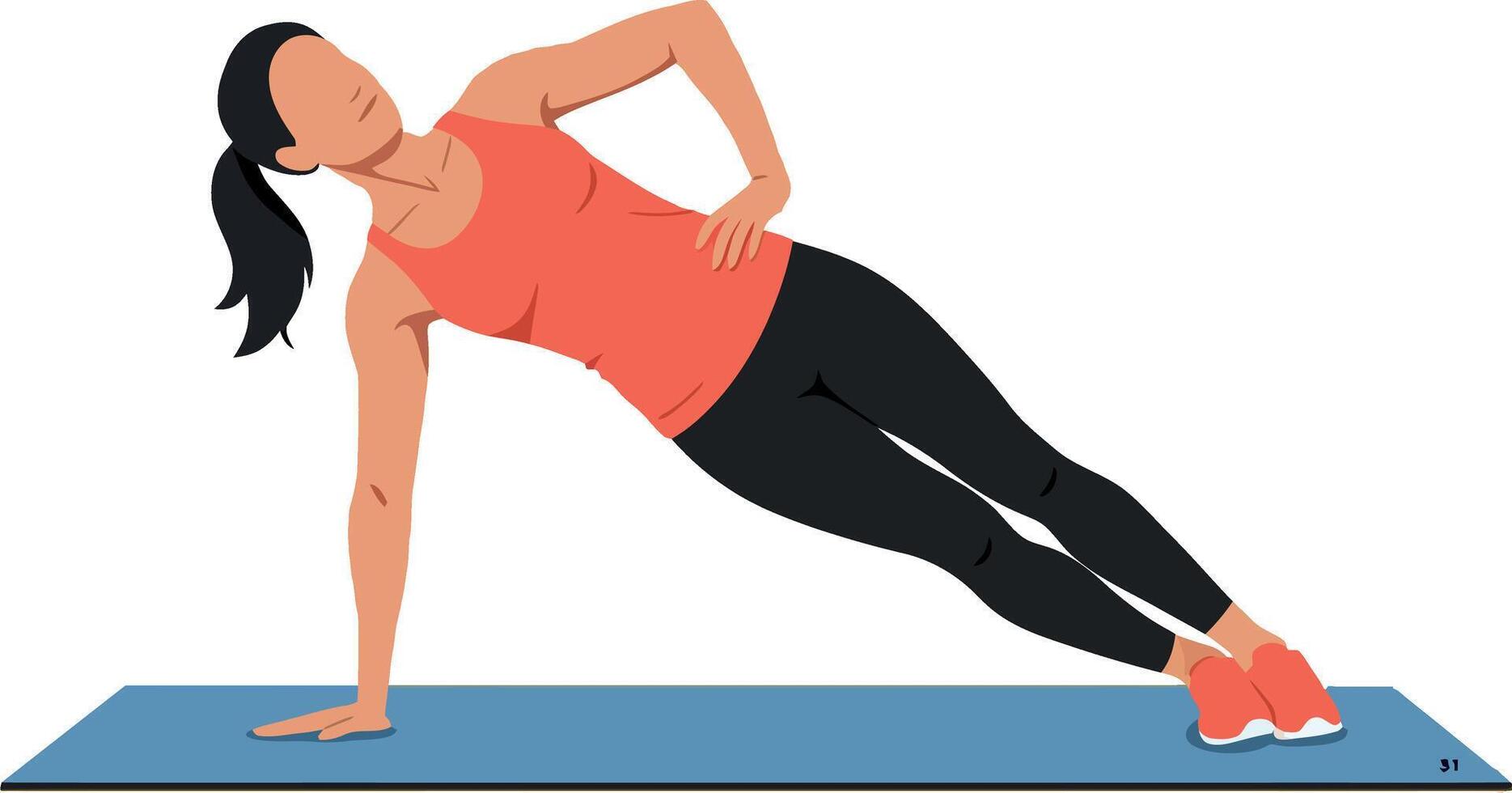 Woman performing side plank exercise on blue mat in fitness workout routine vector