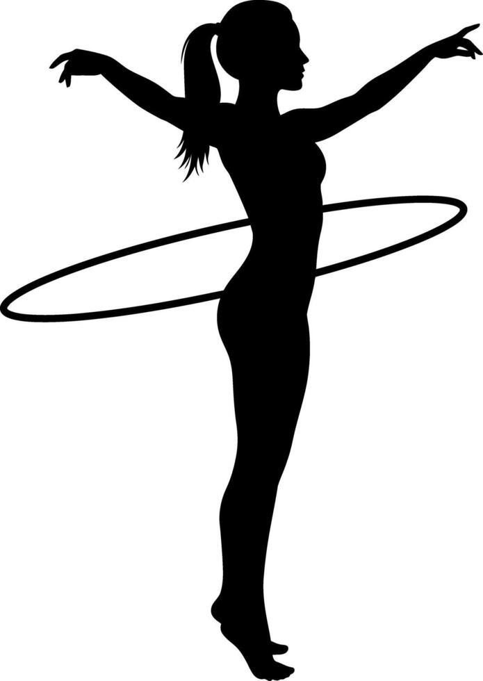 Silhouette of Woman Dancing with Hula Hoop in Black and White Illustration vector