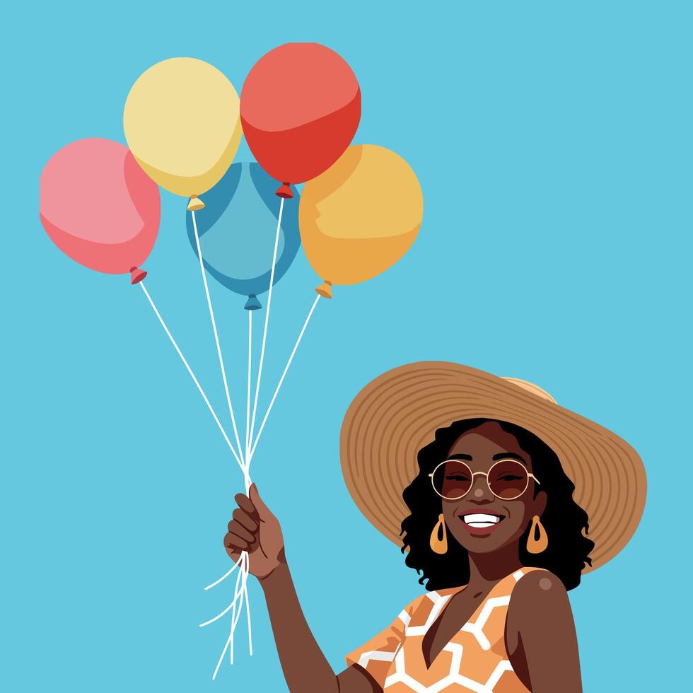 Woman holding colorful balloons smiling in summer hat and sunglasses illustration vector