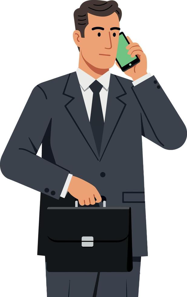 Businessman in suit using phone holding briefcase illustration professional communication vector