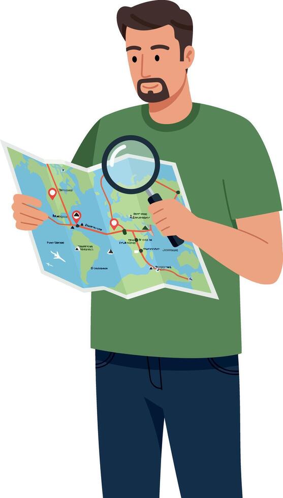 Man examining city map with magnifying glass for travel and navigation planning vector