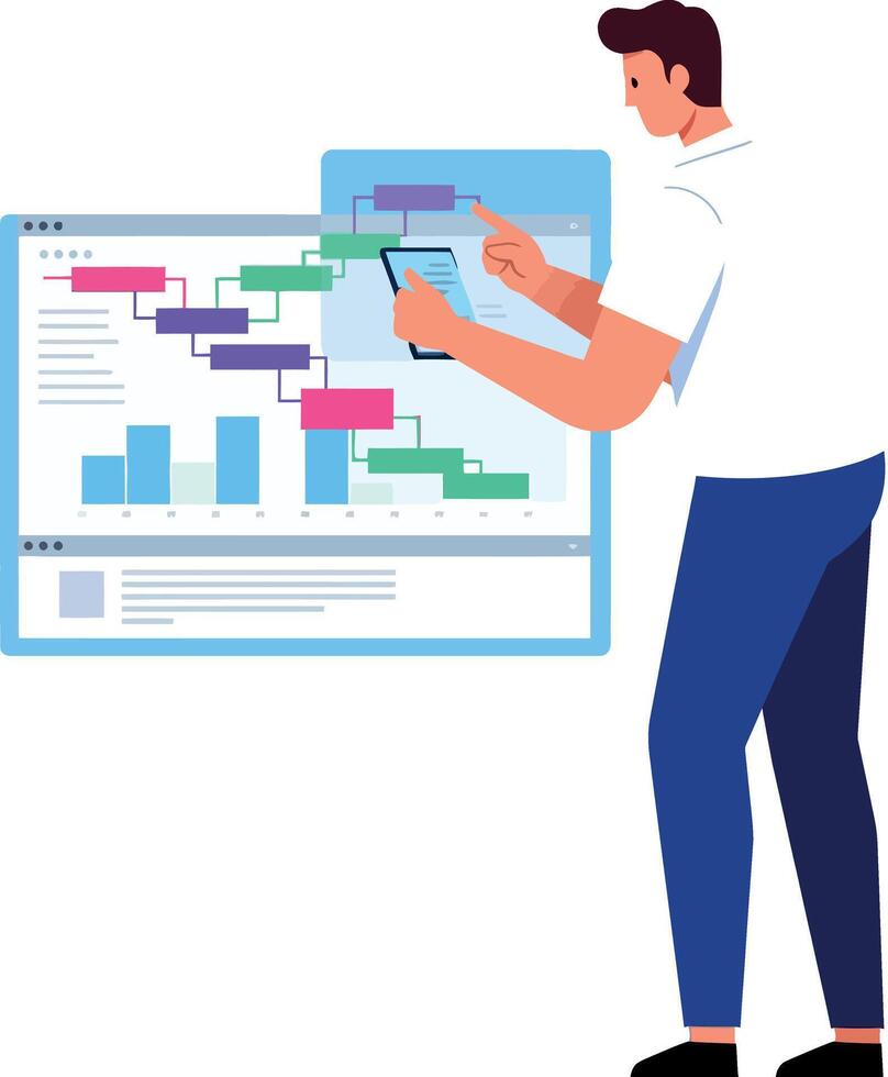 Man working on project management timeline chart with colorful bars and graphs illustration vector