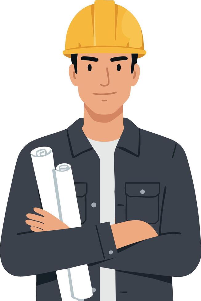 Construction worker holding blueprints wearing yellow hard hat illustration vector