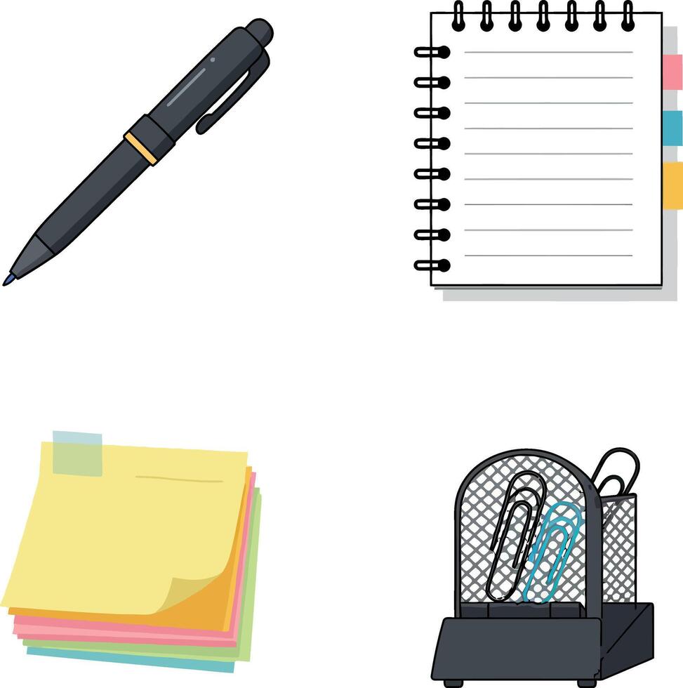 Office stationery set with pen notebook sticky notes and paper clip holder illustration vector