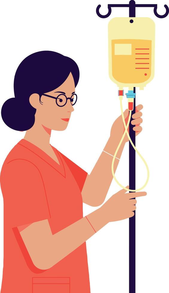 Nurse adjusting intravenous drip stand in medical setting healthcare illustration vector