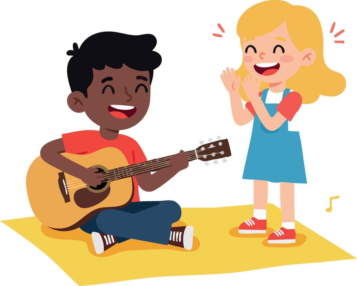 Children playing guitar and singing together joyful music activity illustration vector