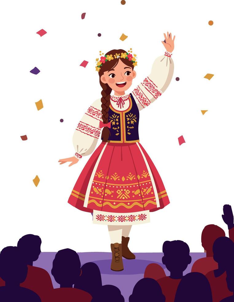 Girl in Traditional Dress Dancing on Stage with Confetti and Audience Illustration vector