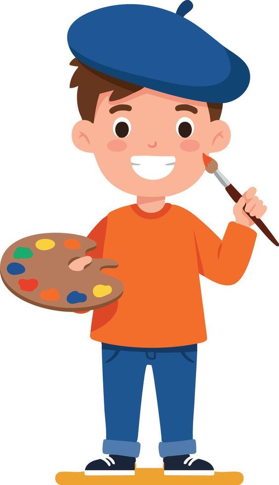 Boy with paint palette and brush smiling cheerful artistic child creativity illustration vector