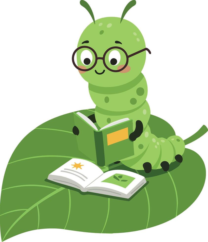 Green Caterpillar Reading Books on Leaf Illustration with Glasses and Cute Expression vector