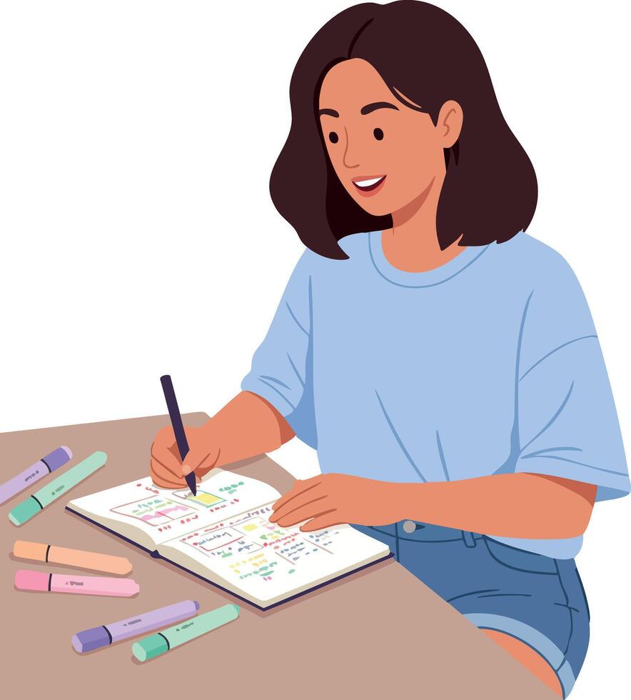 Young woman writing notes with colorful markers on notebook at desk illustration vector