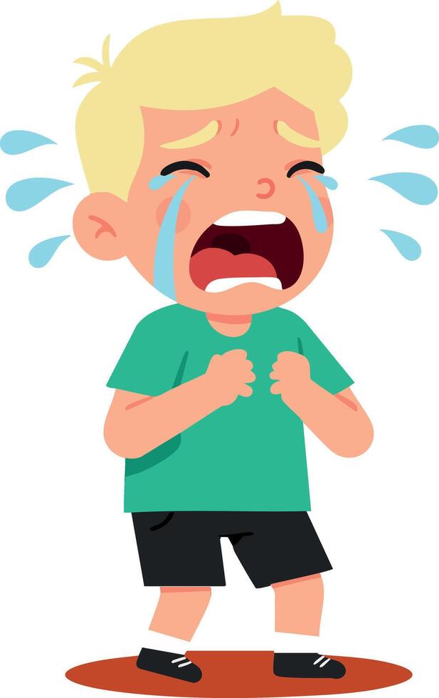 Crying little boy with tears and emotional expression in green shirt and black shorts illustration vector
