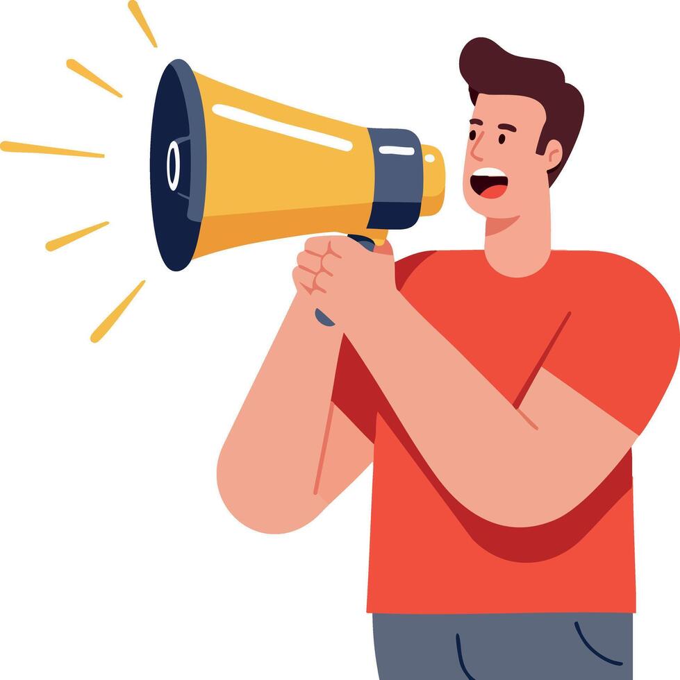 Man shouting into yellow megaphone with red shirt illustration vector