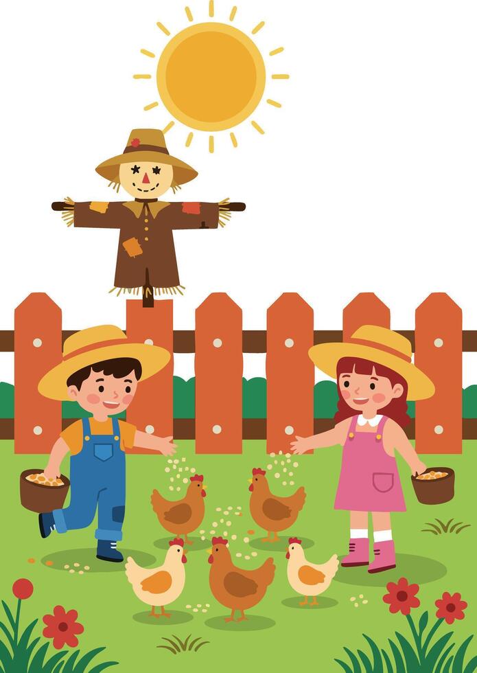 Children feeding chickens in garden with scarecrow under bright sunny sky illustration vector
