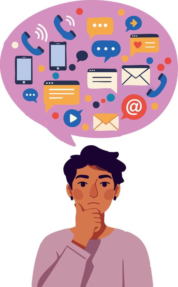 Young person thinking with communication icons and digital messaging symbols illustration vector