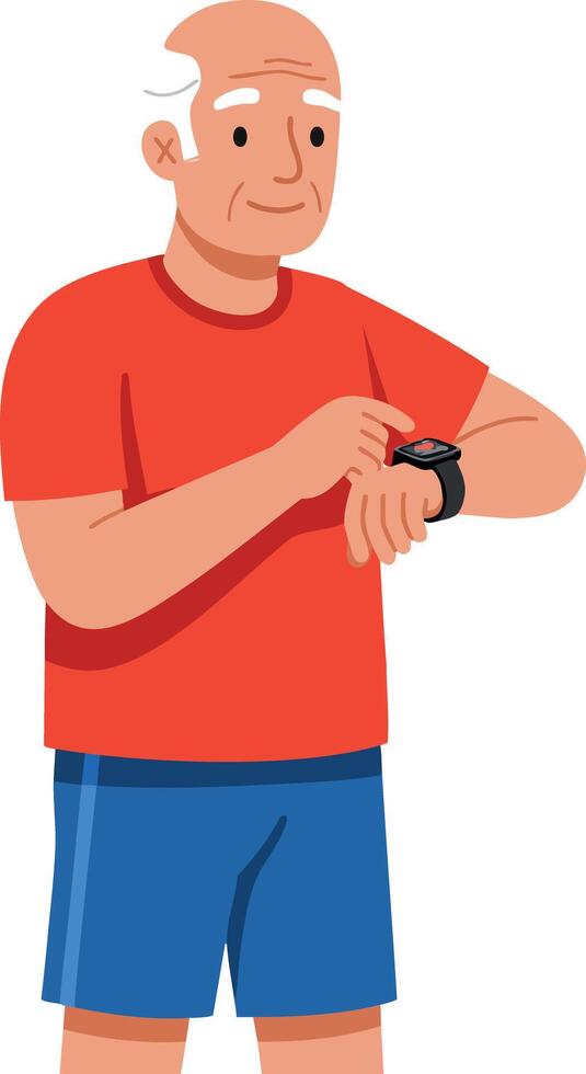 Active senior man wearing red shirt and blue shorts using smartwatch for fitness tracking vector
