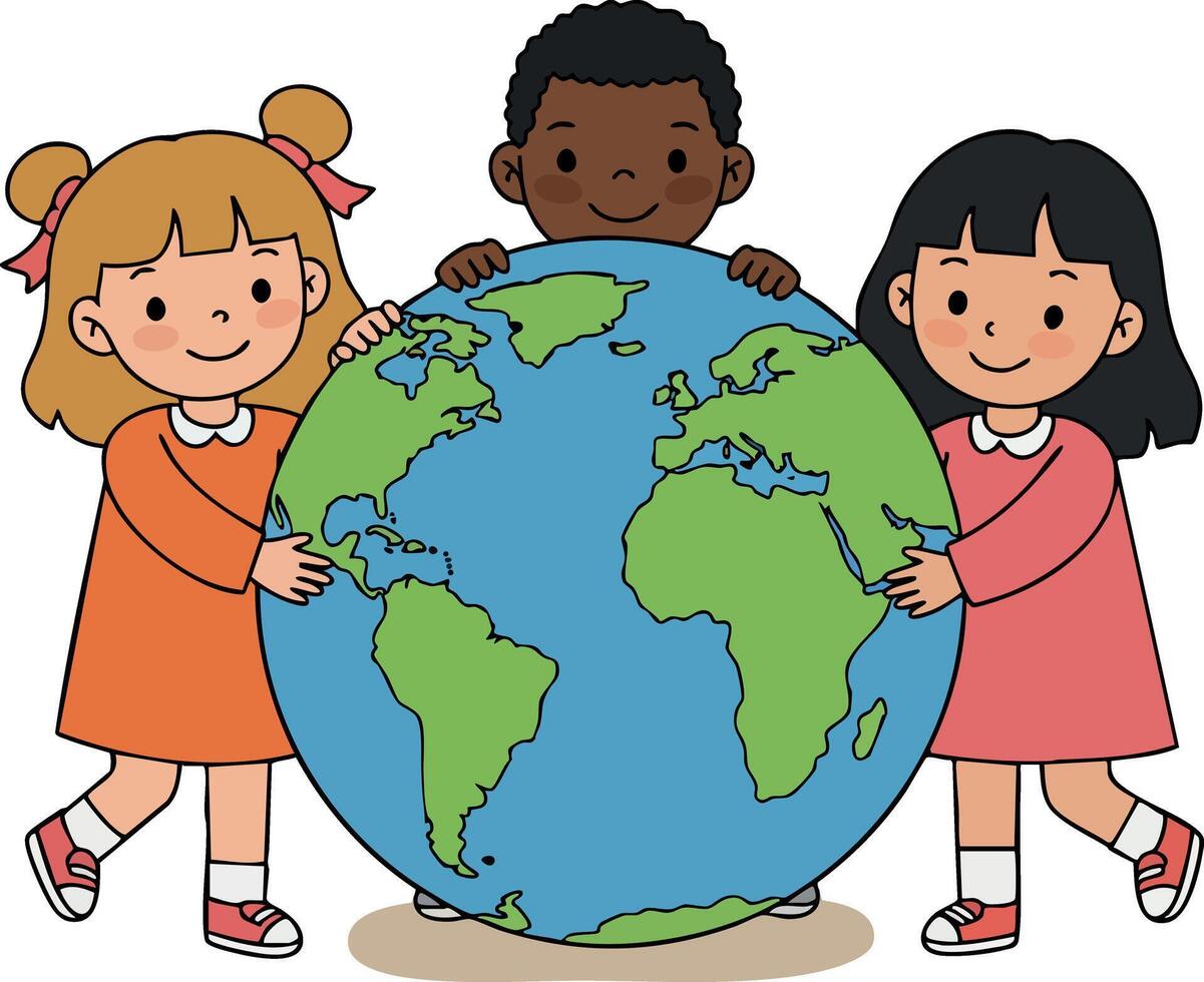 Diverse children holding large globe earth illustration for unity and environmental awareness vector