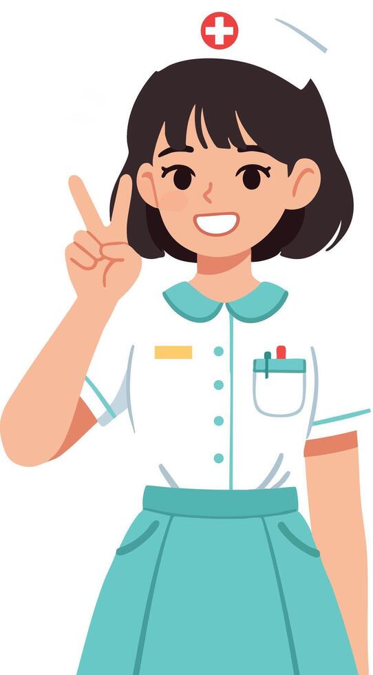 Female nurse smiling and making peace sign illustration in medical uniform vector