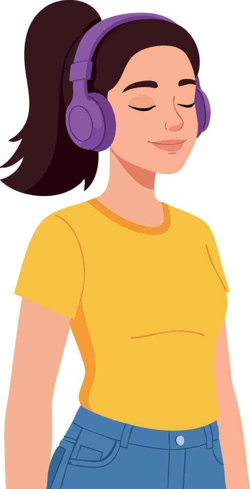 Young woman enjoying music with purple headphones yellow shirt and blue jeans illustration vector