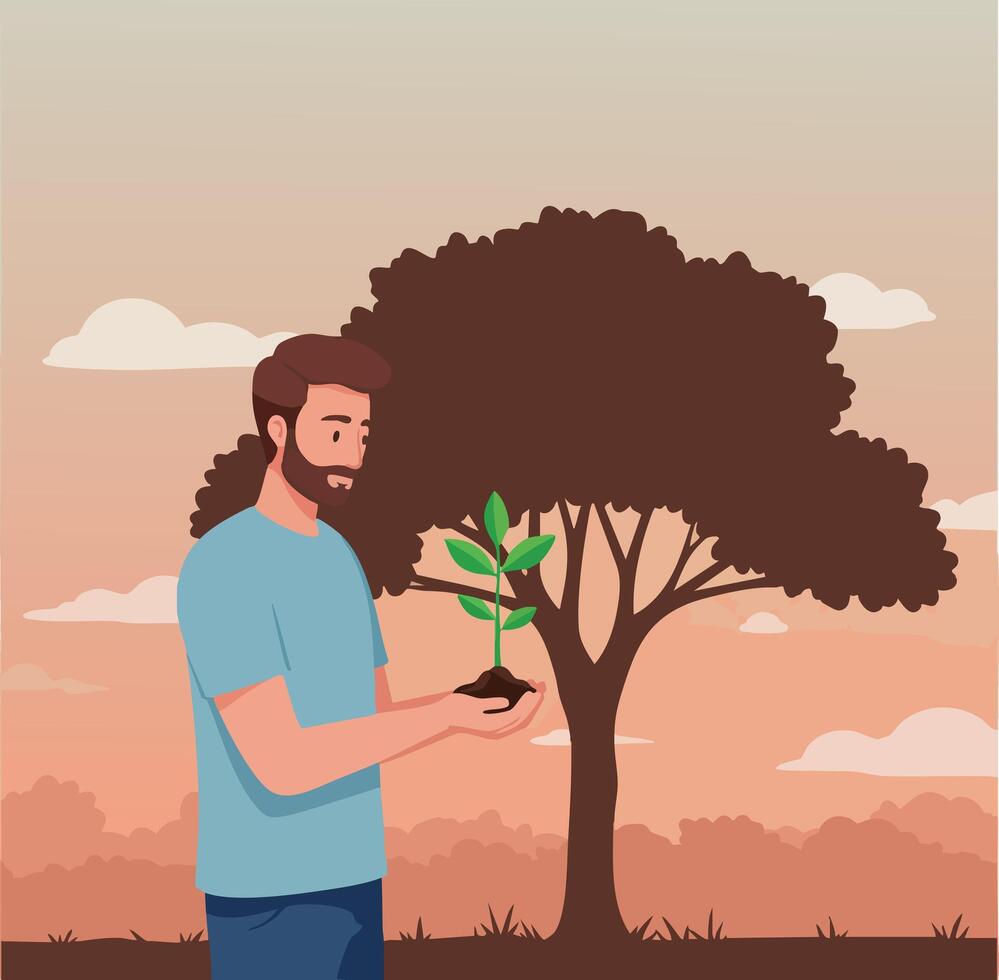 Man holding small plant in hands with large tree silhouette in background illustration vector