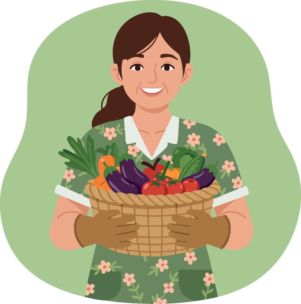 Woman holding basket of fresh vegetables in floral dress gardening gloves illustration vector