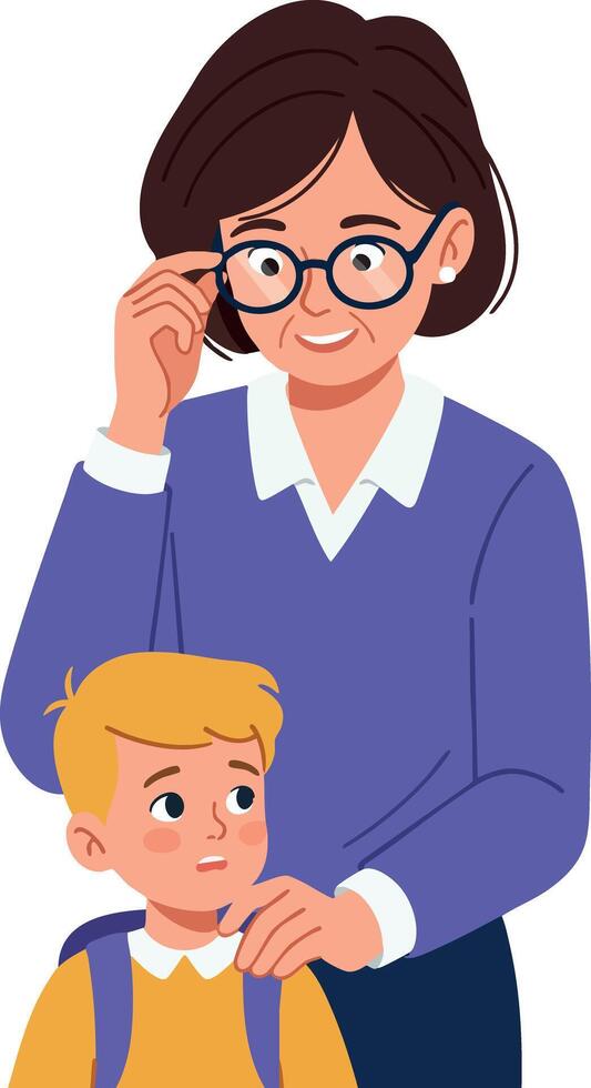 Teacher Helping Young Student Wearing Glasses in Classroom Illustration vector
