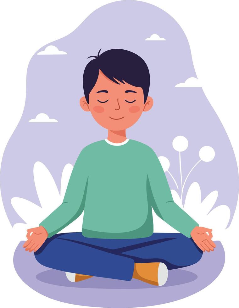 Meditation boy sitting cross-legged in green sweater practicing mindfulness calm environment vector