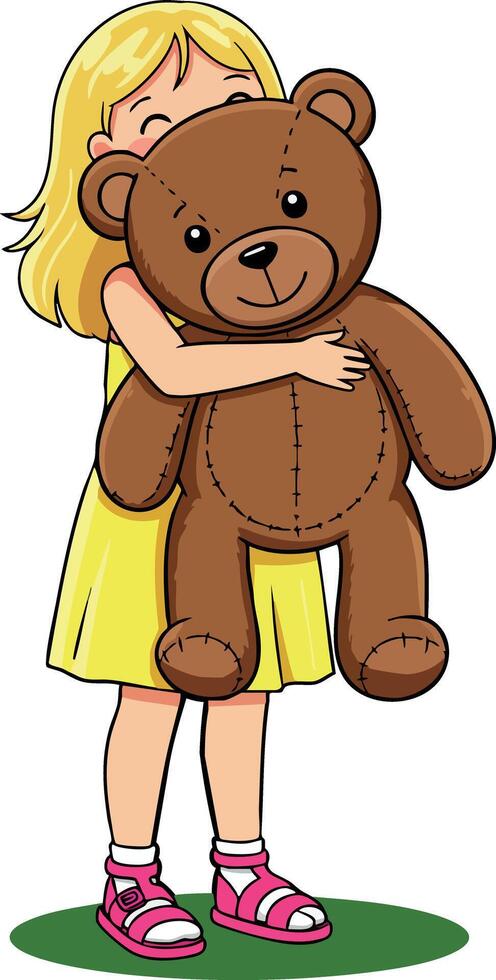 Little girl hugging giant teddy bear in yellow dress and pink shoes illustration vector