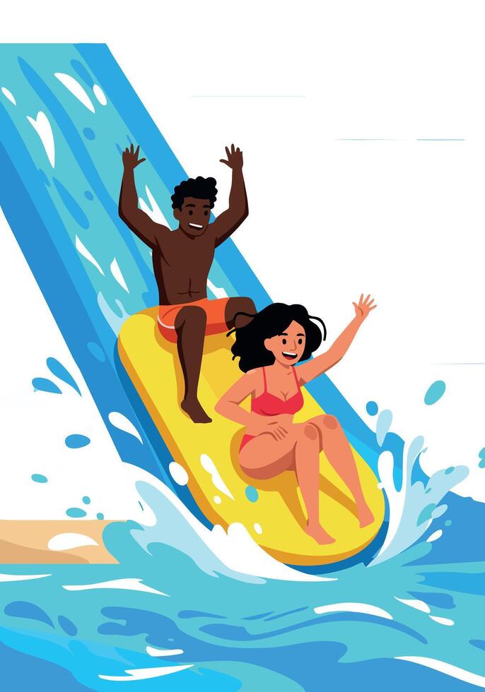 Two people enjoying water slide summer fun in bright pool illustration vector