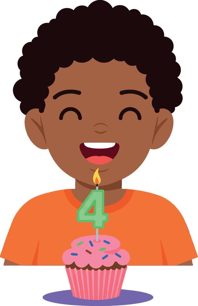 Happy boy celebrating fourth birthday with cupcake and candle smiling joyfully vector