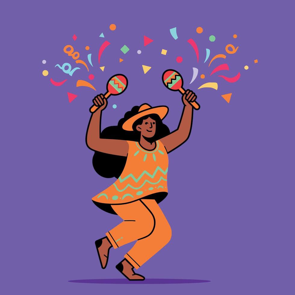 Woman Dancing with Maracas in Colorful Outfit on Purple Background Illustration vector