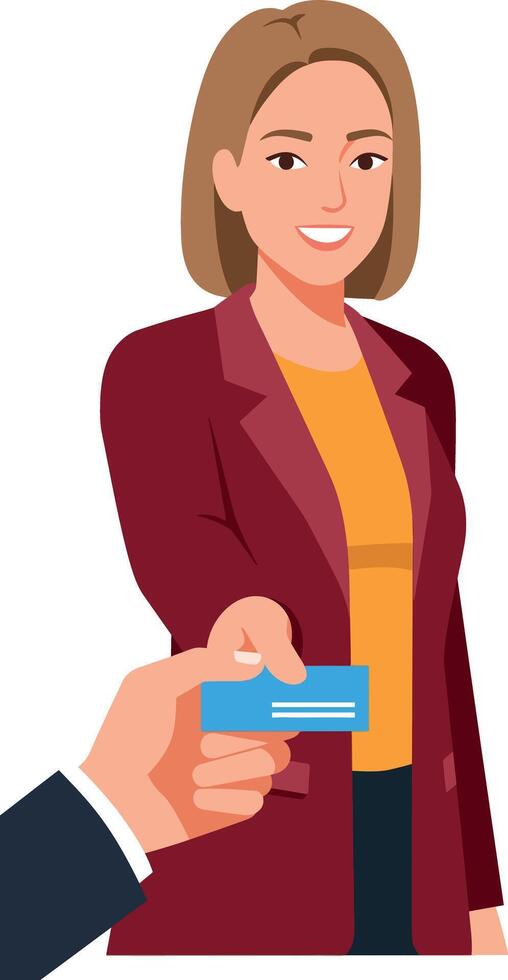 Businesswoman receiving credit card from customer in office environment illustration vector