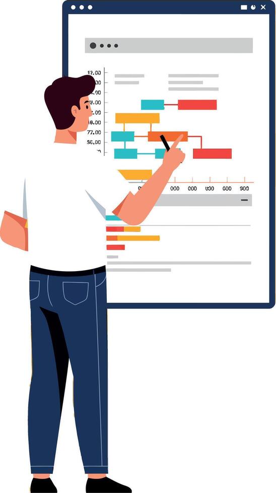 Man Analyzing Workflow Charts on Digital Screen in Office Workspace Illustration vector