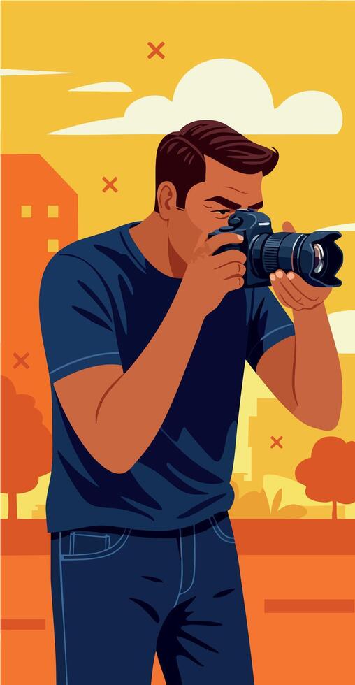 Male Photographer Taking Picture with Camera in Outdoor Urban Setting Illustration vector