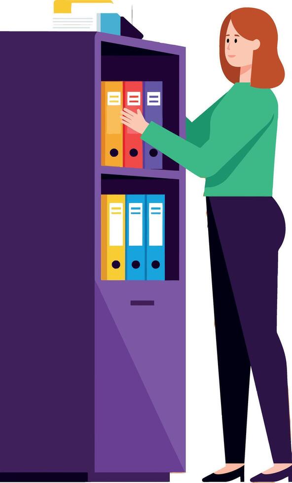 Woman organizing colorful folders in tall purple office cabinet illustration vector