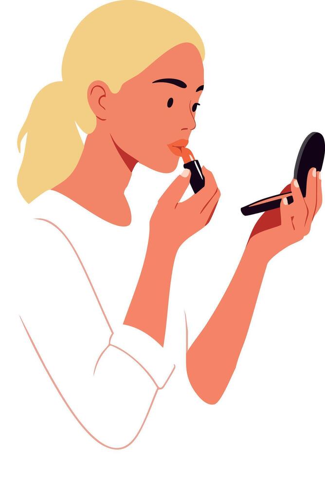 Woman applying red lipstick using hand mirror in minimal style illustration vector