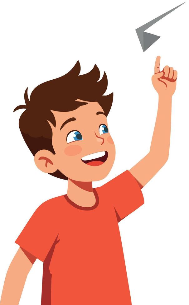 Boy throwing paper airplane in red shirt playful childhood activity illustration vector