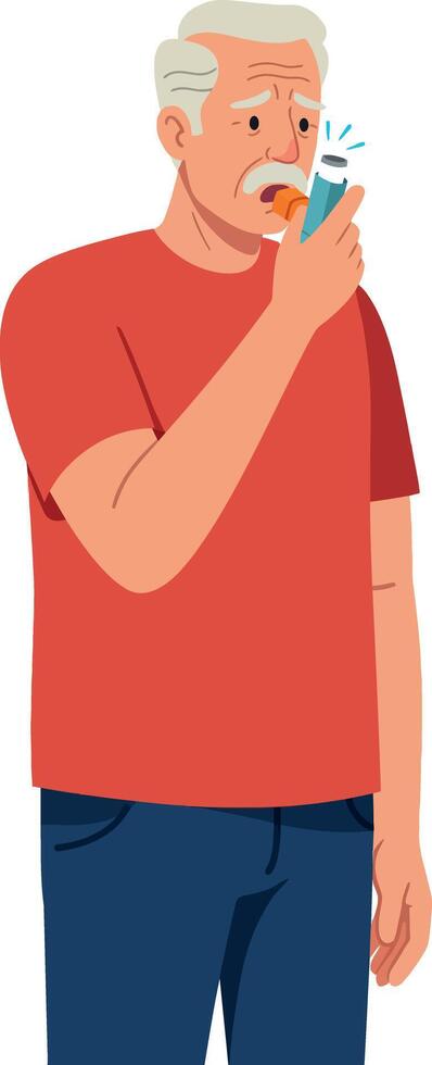 Elderly man using inhaler for asthma relief in red shirt and blue pants illustration vector