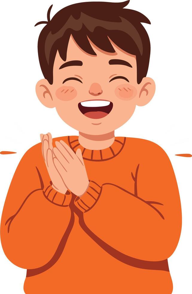 Happy boy clapping hands in orange sweater illustration of joyful child expressing excitement and fun vector
