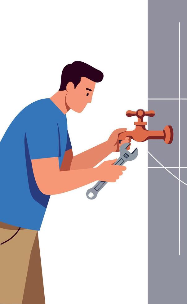 Plumber repairing outdoor water tap with wrench illustration in portrait orientation vector