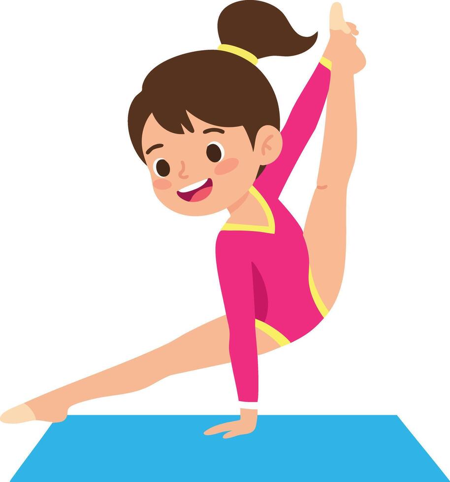 Girl practicing pink leotard gymnastics on blue mat illustration vector