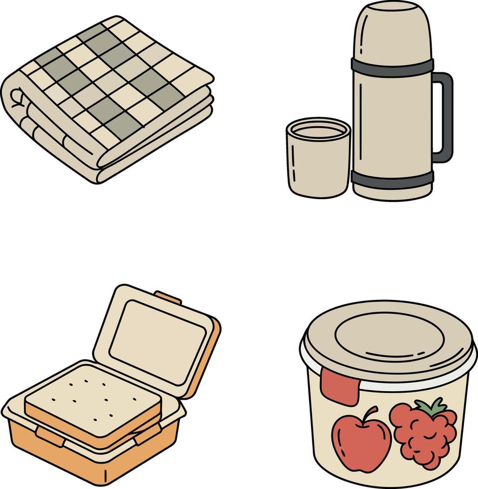 Picnic items thermos sandwich container blanket set in beige and brown tones illustration vector