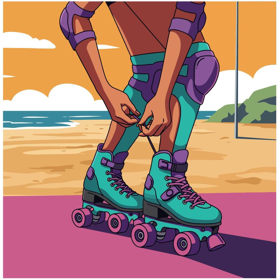 Woman tying roller skates laces on beach with ocean and hills background illustration vector