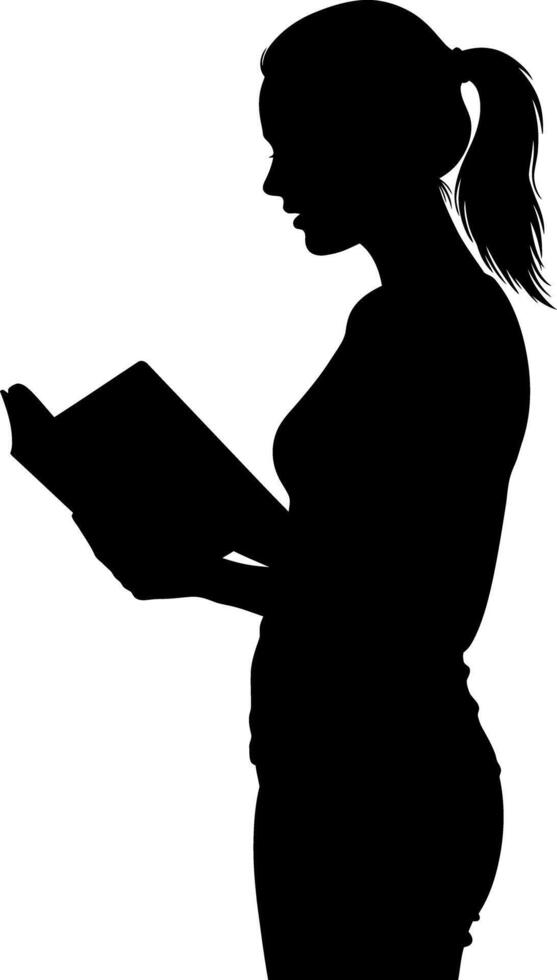Woman silhouette reading book in profile with ponytail hairstyle illustration vector