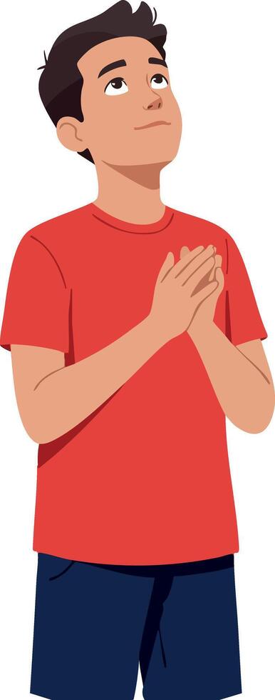 Boy in red shirt praying with hands clasped and hopeful expression illustration vector