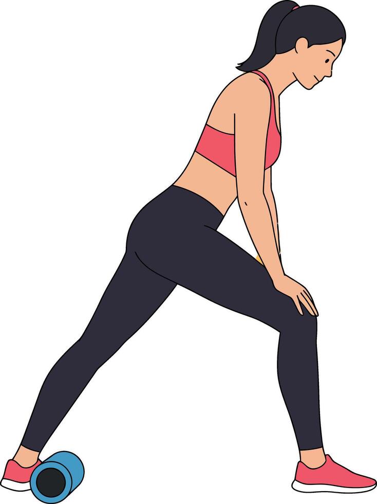 Woman stretching leg using foam roller for muscle recovery and fitness training illustration vector