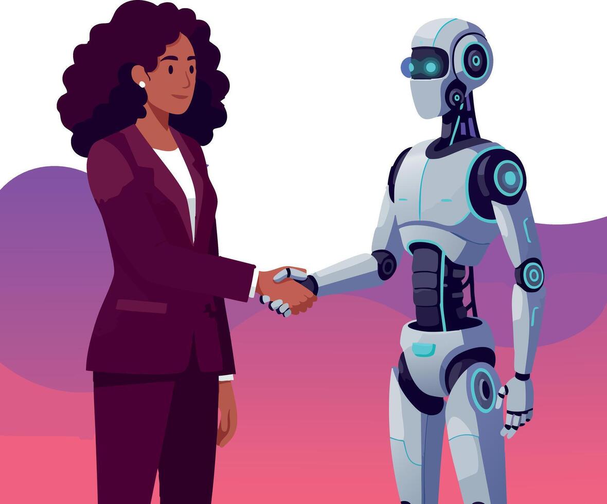 Woman shaking hands with futuristic robot in purple suit technology partnership vector